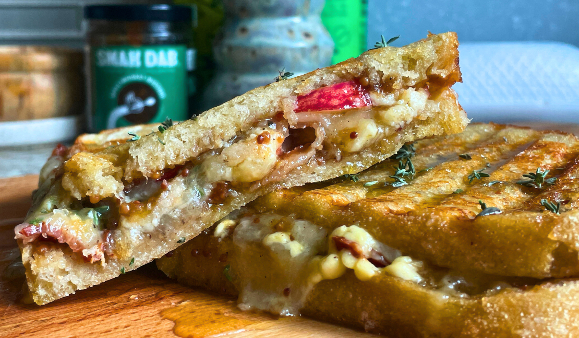 Apple Whiskey, Cheddar, and Bacon Panini
&ndash; Smak Dab Mustard