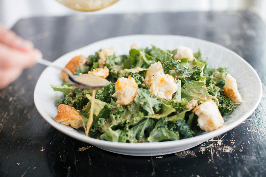 Kale Caesar Salad with Spicy Mustard Croutons