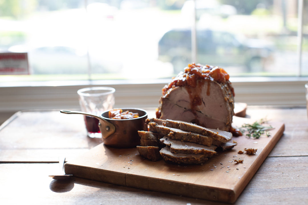 Mustard Crusted Pork Loin with Pan Gravy + Apricot Chutney
