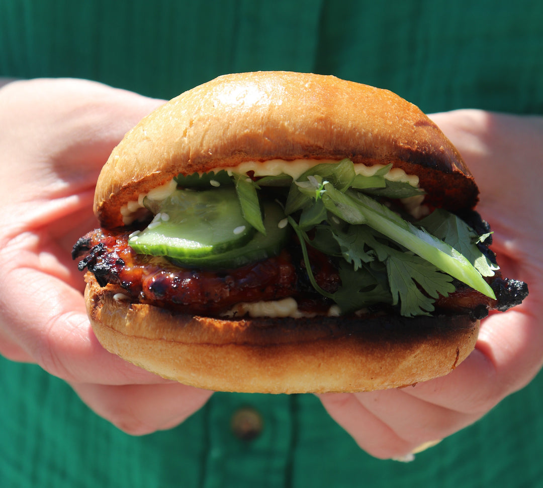 Spicy Asian BBQ Chicken Sandwiches with Pickled Cucumber &amp; Sesame Salad