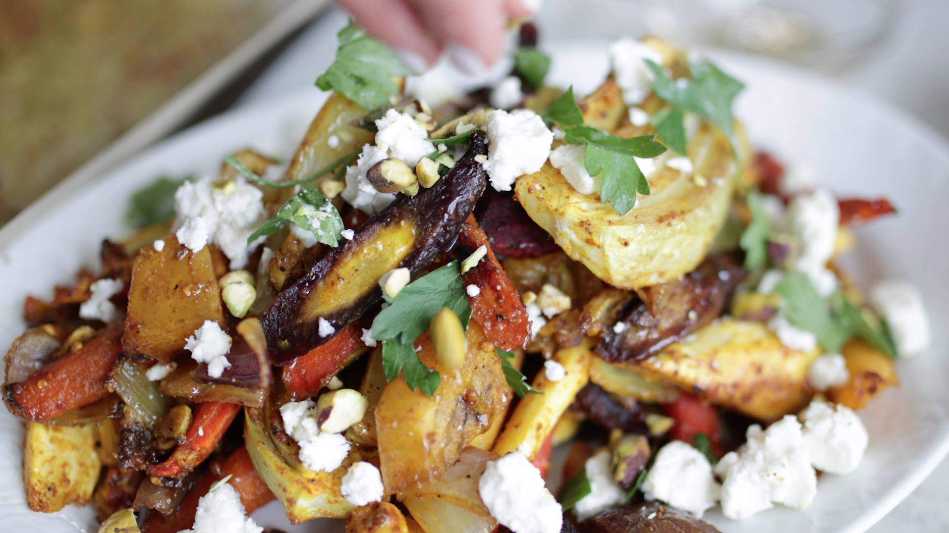 Curry Spiced Root Vegetables with Feta and Pistachios
